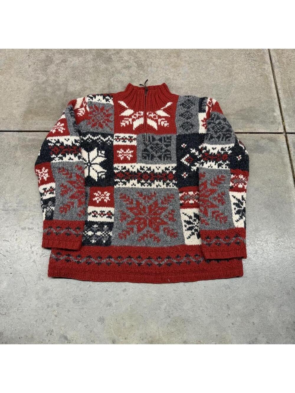 vintage lauren ralph lauren red grey black quarter zip snowflake knit sweater